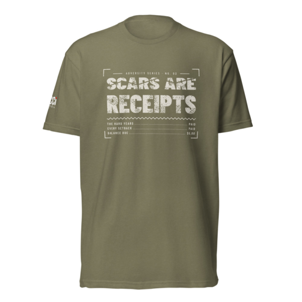 Scars Are Receipts Tee in Military Green, front graphic tee by Stucci Apparel