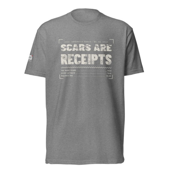 Scars Are Receipts Tee in Dark Heather Gray, front graphic tee by Stucci Apparel