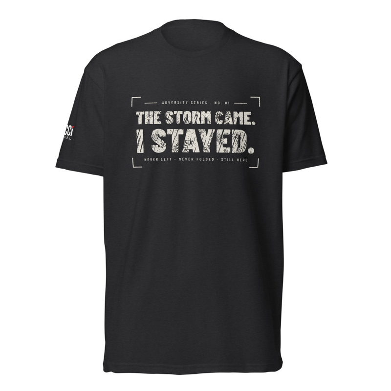 The Storm Came. I Stayed. Tee in Black, front graphic tee by Stucci Apparel