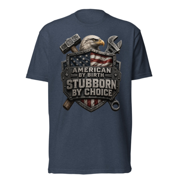 American By Birth Stubborn By Choice Tee in Midnight Navy, front graphic tee by Stucci Apparel