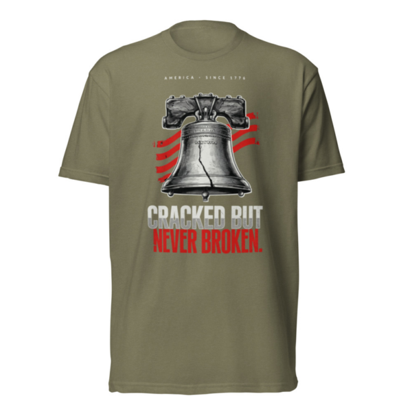 Cracked But Never Broken Tee in Military Green, front graphic tee by Stucci Apparel