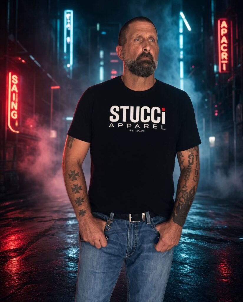 Stucci Apparel Flagship Logo Tee worn on a neon-lit street at night