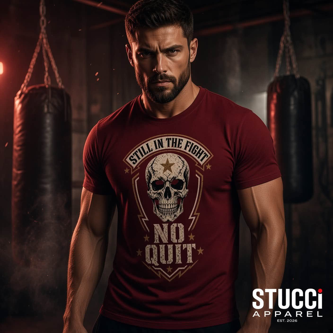 Model wearing the red Stucci Apparel No Quit Tactical Tee in a boxing gym
