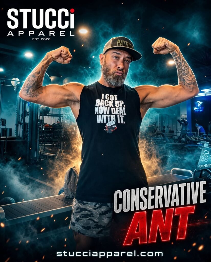 Conservative Ant wearing the Stucci Apparel I Got Back Up design in the gym