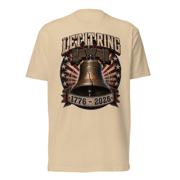 Let It Ring Tee in Heather Tan, front graphic tee by Stucci Apparel