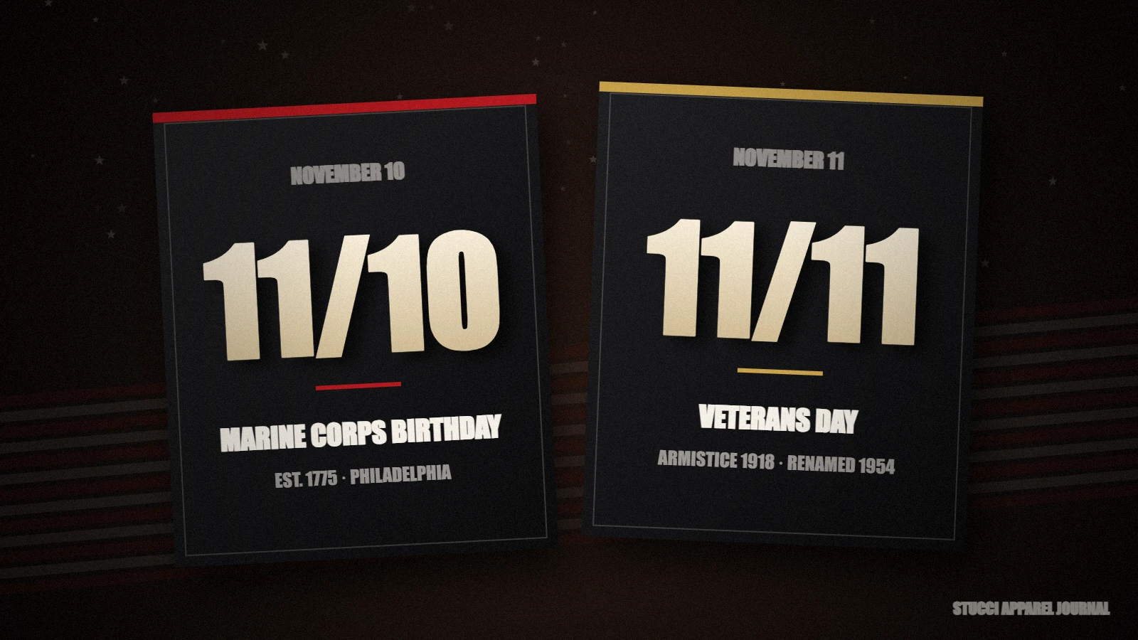 Marine Corps birthday on November 10 and Veterans Day on November 11 shown as two date cards