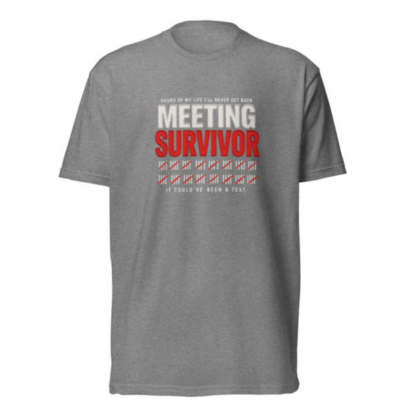 Meeting Survivor Tee in Dark Heather Gray, front graphic tee by Stucci Apparel