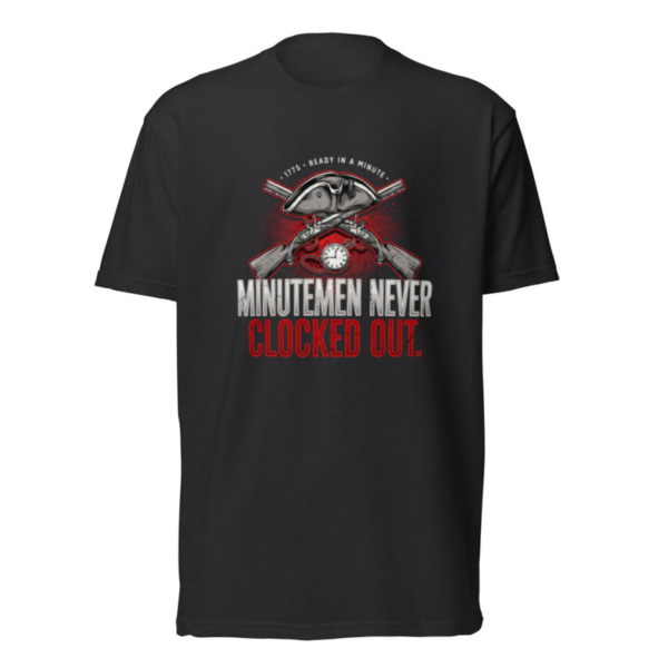 Minutemen Never Clocked Out Tee in Black, front graphic tee by Stucci Apparel