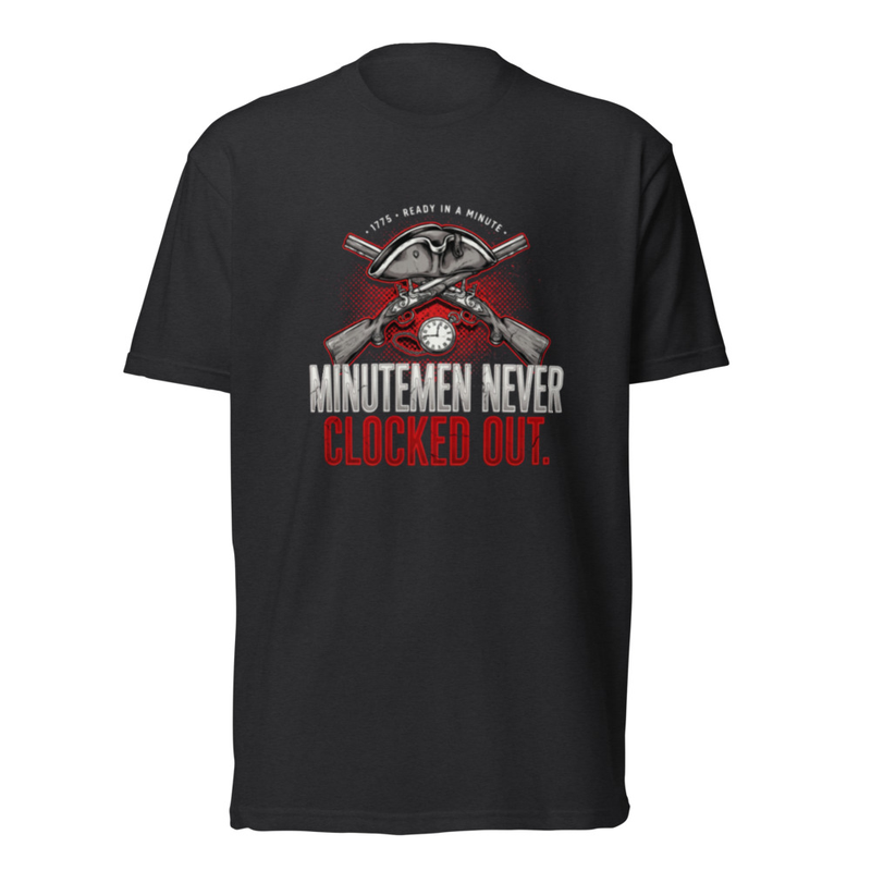 Minutemen Never Clocked Out Tee in Black, front graphic tee by Stucci Apparel