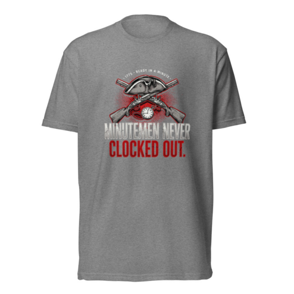 Minutemen Never Clocked Out Tee in Dark Heather Gray, front graphic tee by Stucci Apparel