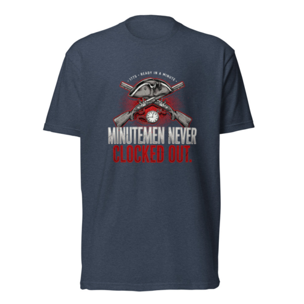 Minutemen Never Clocked Out Tee in Midnight Navy, front graphic tee by Stucci Apparel