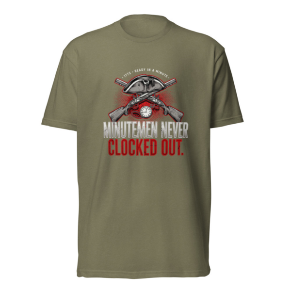 Minutemen Never Clocked Out Tee in Military Green, front graphic tee by Stucci Apparel