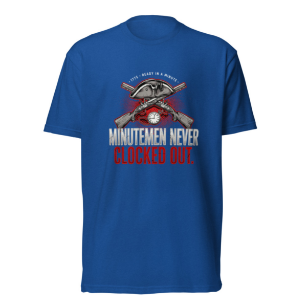 Minutemen Never Clocked Out Tee in Royal, front graphic tee by Stucci Apparel