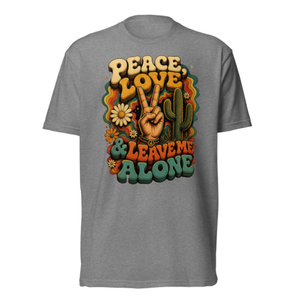 Peace Love and Leave Me Alone Tee in Dark Heather Gray, front graphic tee by Stucci Apparel