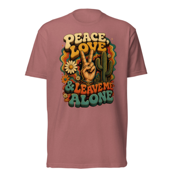 Peace Love and Leave Me Alone Tee in Heather Mauve, front graphic tee by Stucci Apparel