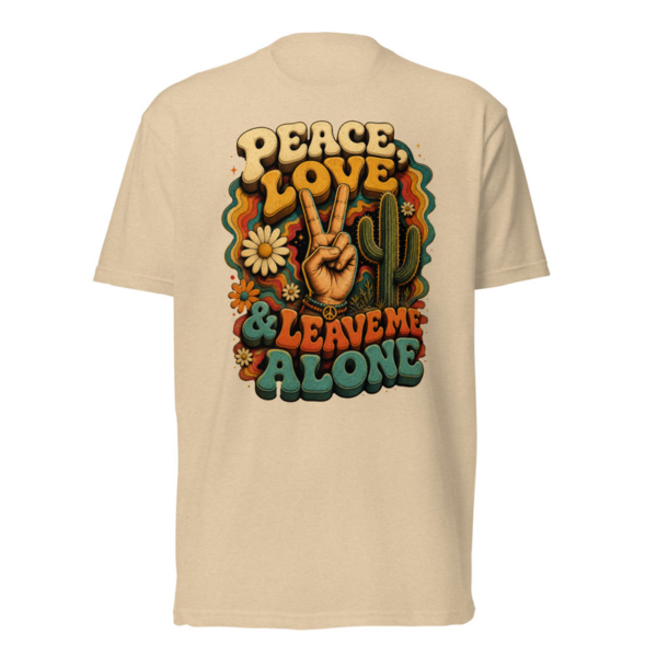 Peace Love and Leave Me Alone Tee in Heather Tan, front graphic tee by Stucci Apparel