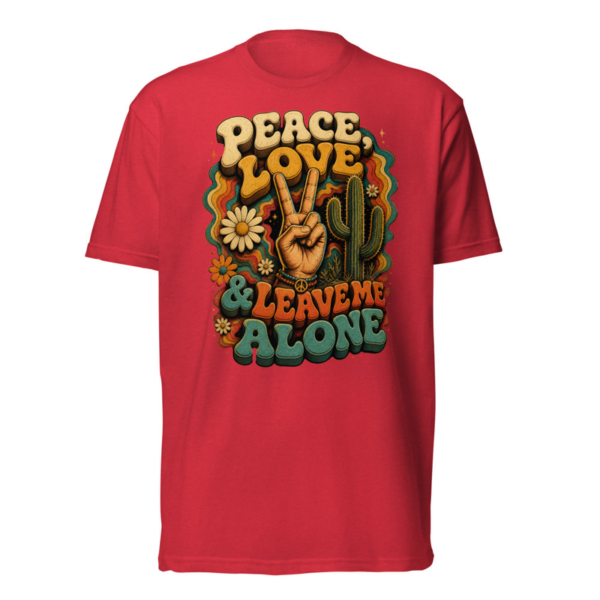 Peace Love and Leave Me Alone Tee in Red, front graphic tee by Stucci Apparel