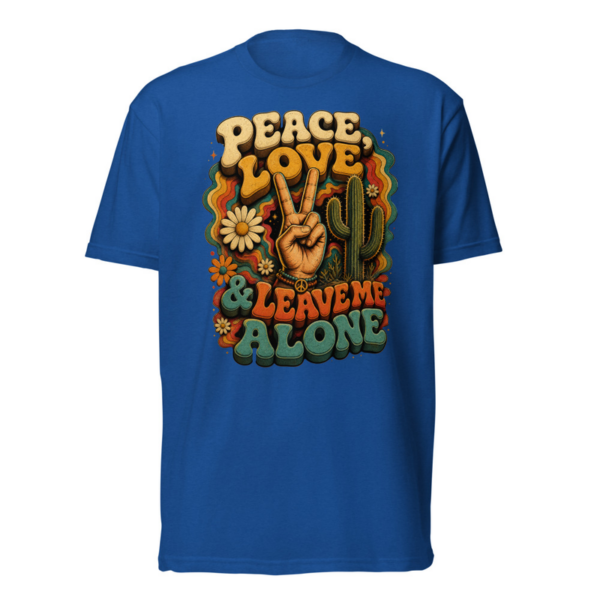 Peace Love and Leave Me Alone Tee in Royal, front graphic tee by Stucci Apparel