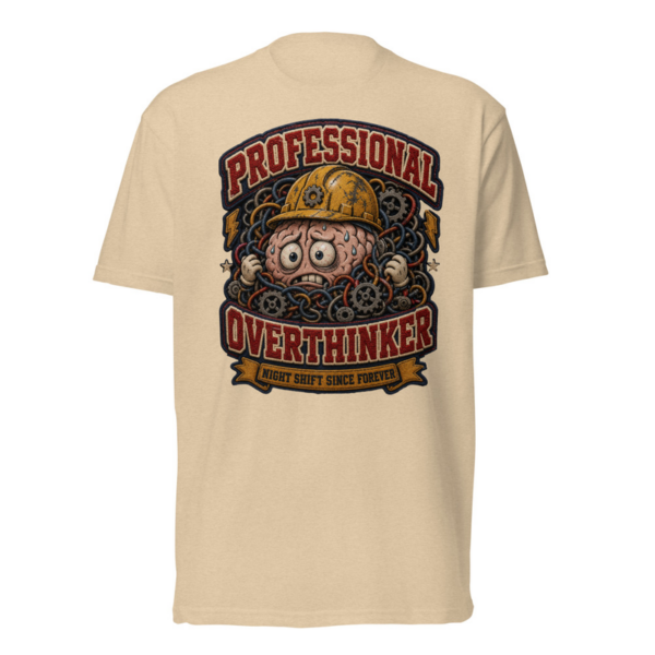 Professional Overthinker Tee in Heather Tan, front graphic tee by Stucci Apparel