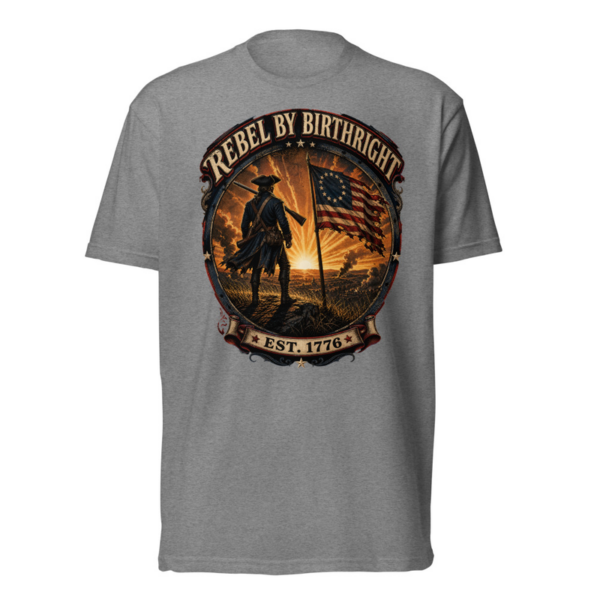 Rebel By Birthright Tee in Dark Heather Gray, front graphic tee by Stucci Apparel