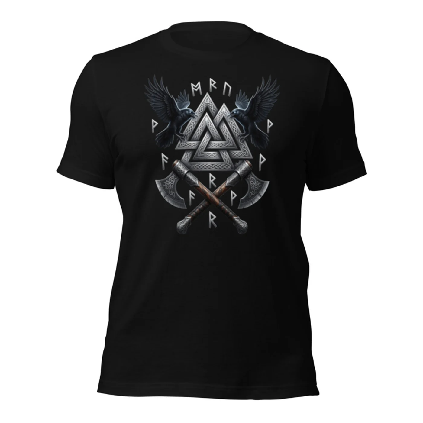 Valknut Ravens Tee with the valknut symbol, Huginn and Muninn and crossed axes