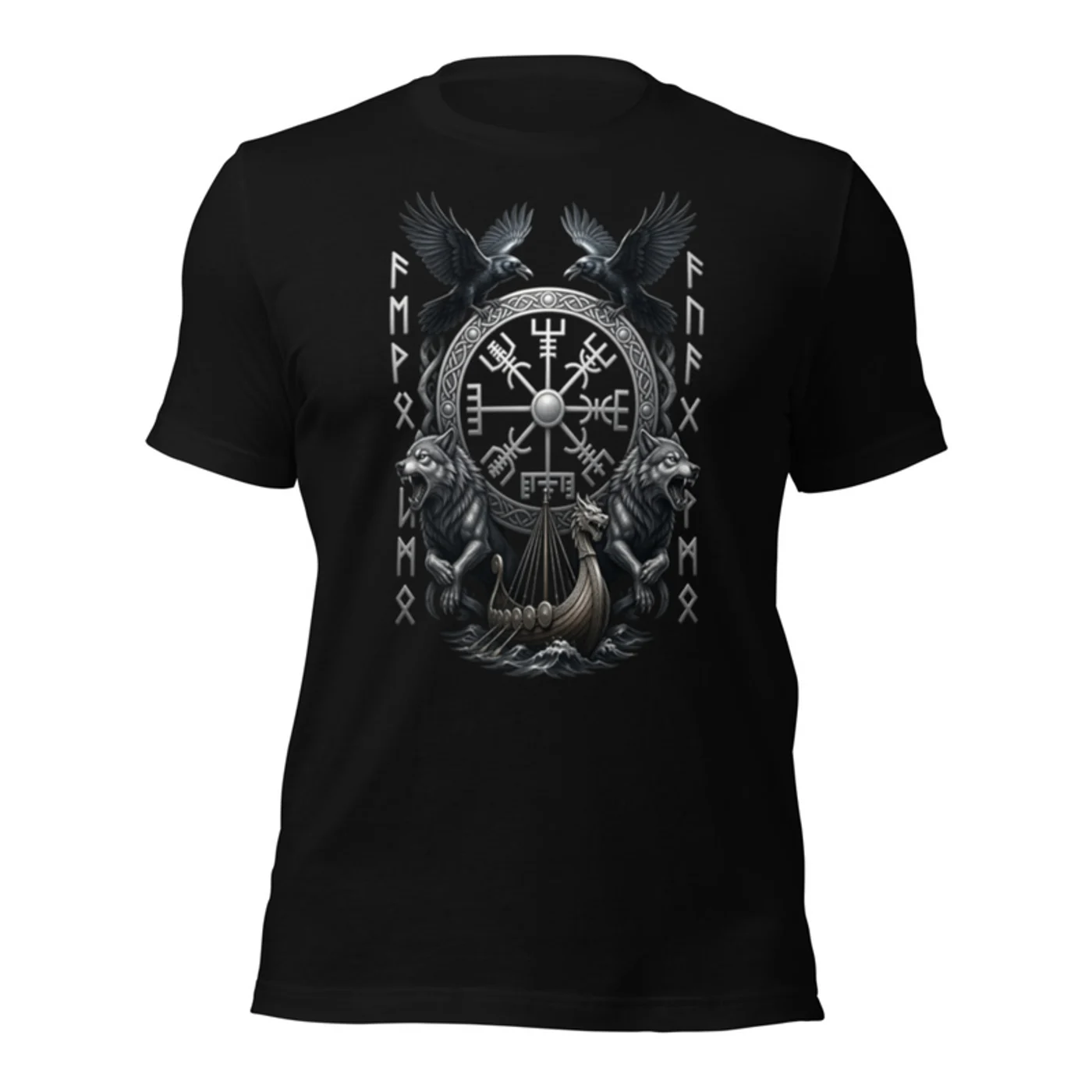 Vegvisir Wayfinder Tee with the Vegvisir stave, wolves, ravens and a Viking longship