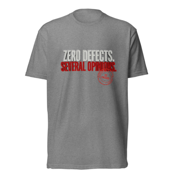 Zero Defects Tee in Dark Heather Gray, front graphic tee by Stucci Apparel